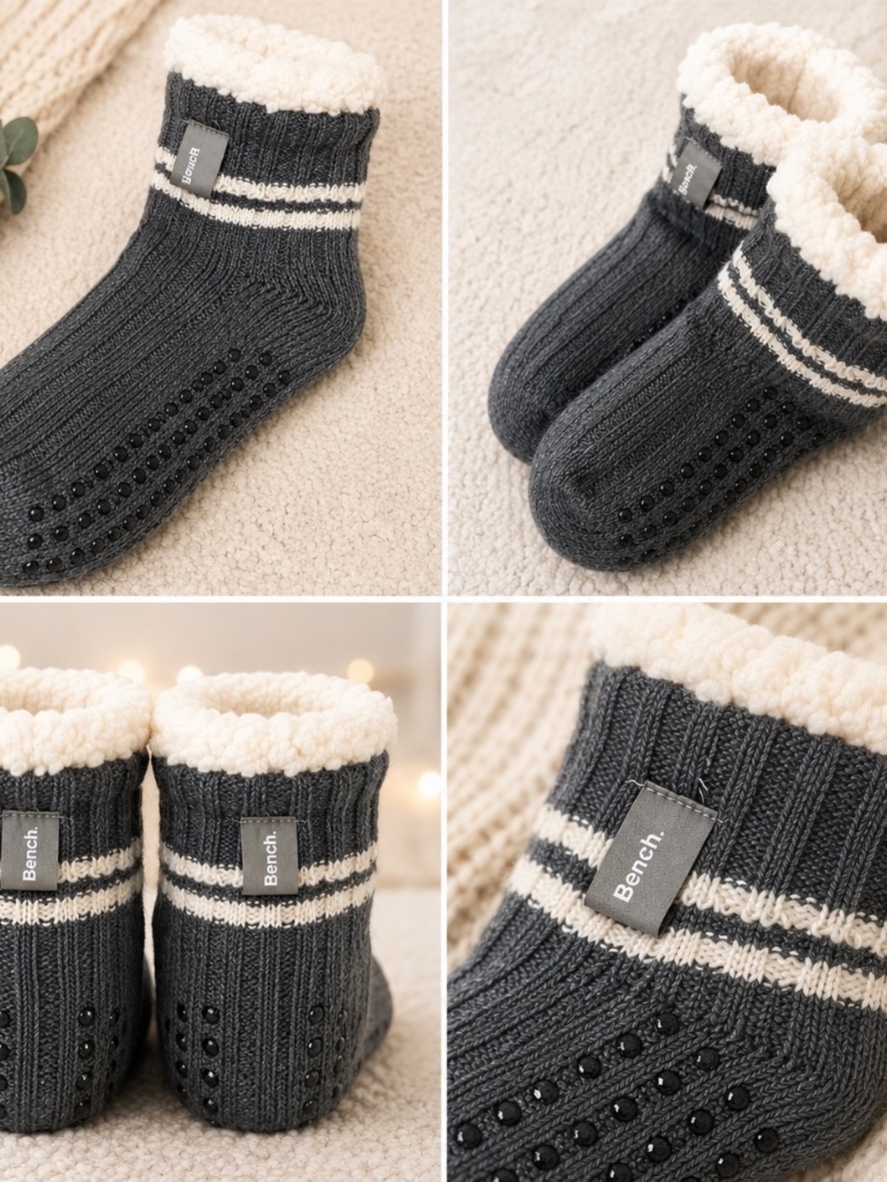 Bench Sock Slippers Womens Size 8-11 Gray Sherpa Lined Cabin Comfy
